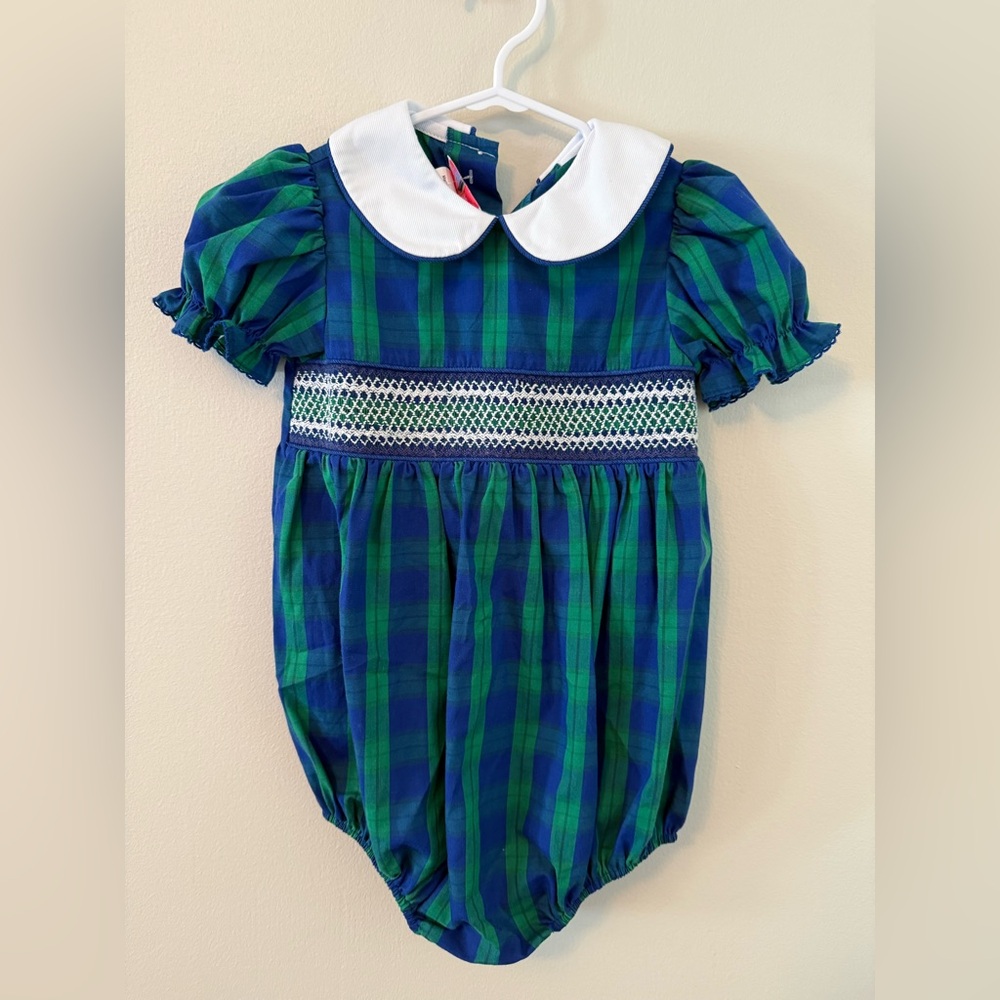 Stellybelly Green and Blue Plaid Smocked Bubble